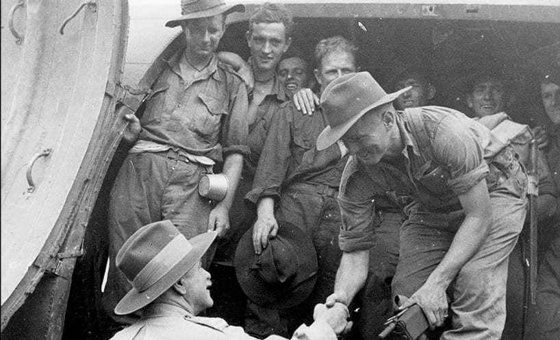 General Sir Thomas Blamey farewells Australian soldiers bound for Gona Port Moresby, Papua 11 December 1942