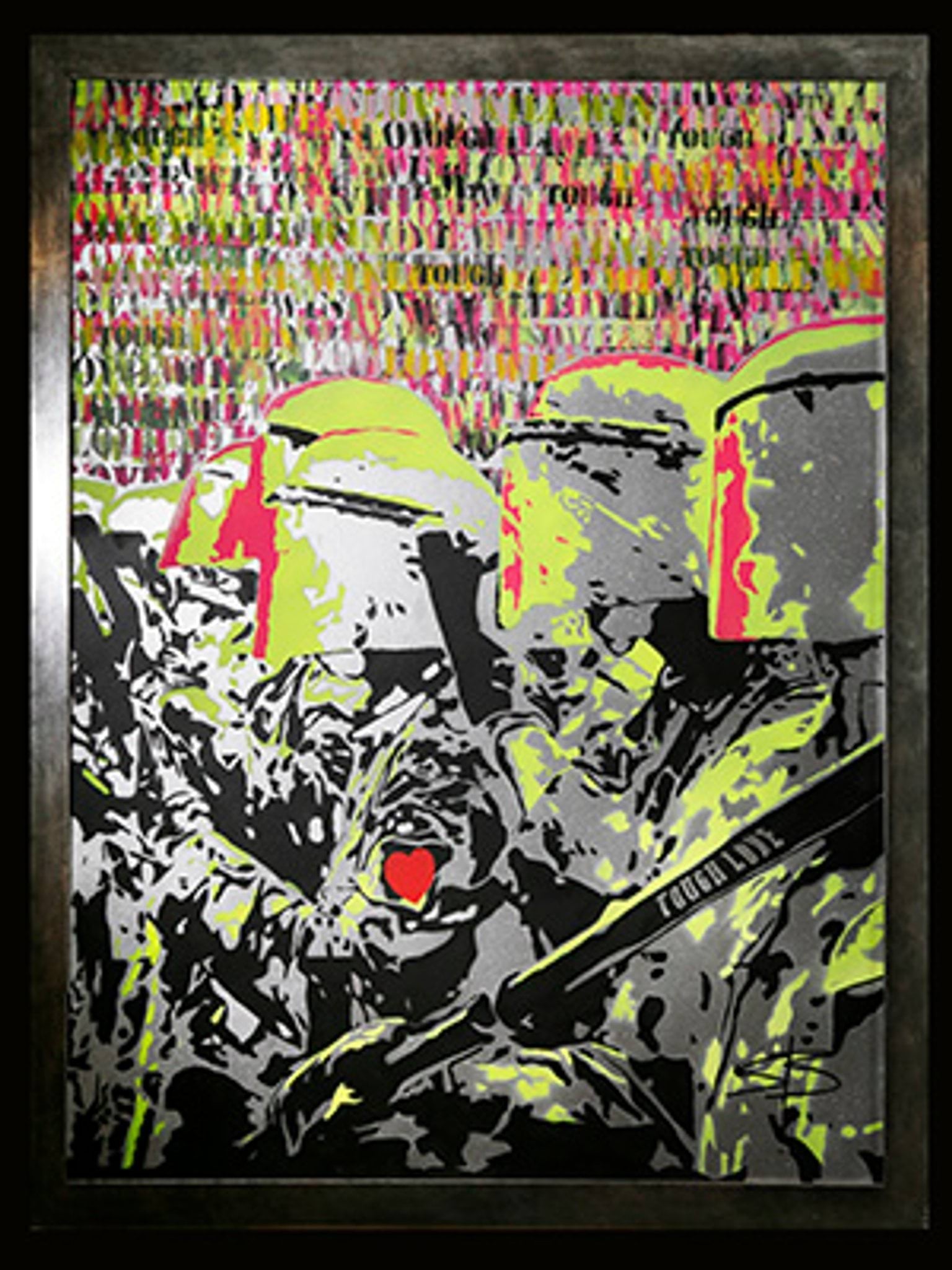 Tough Love 2018 hand-cut acetate stencil, aerosol acrylic on canvas by Sean Burton