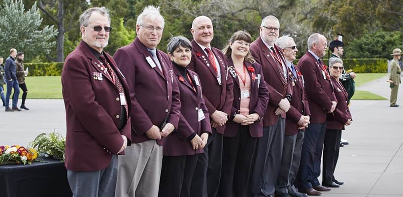 Peter Geddes, second from left, and Shrine volunteers at the inaugural Last Post Service 10 November 2019 photographer Susan Gordon-Brown
