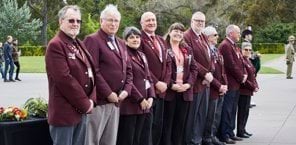 Peter Geddes, second from left, and Shrine volunteers at the inaugural Last Post Service 10 November 2019 photographer Susan Gordon-Brown