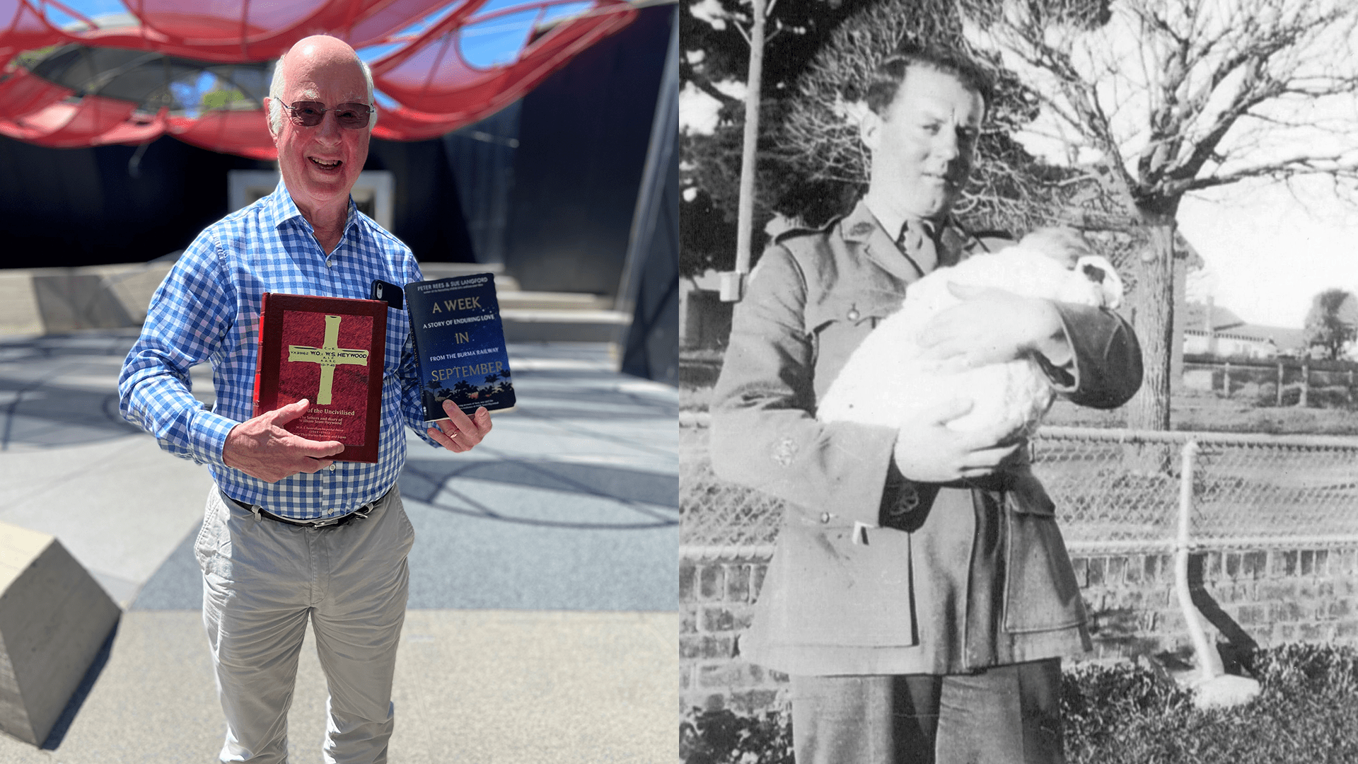 Doug Heywood OAM with the books, A Week in September and Guest of the Uncivilised alongside a photo of him as a baby with his father, Scott.
