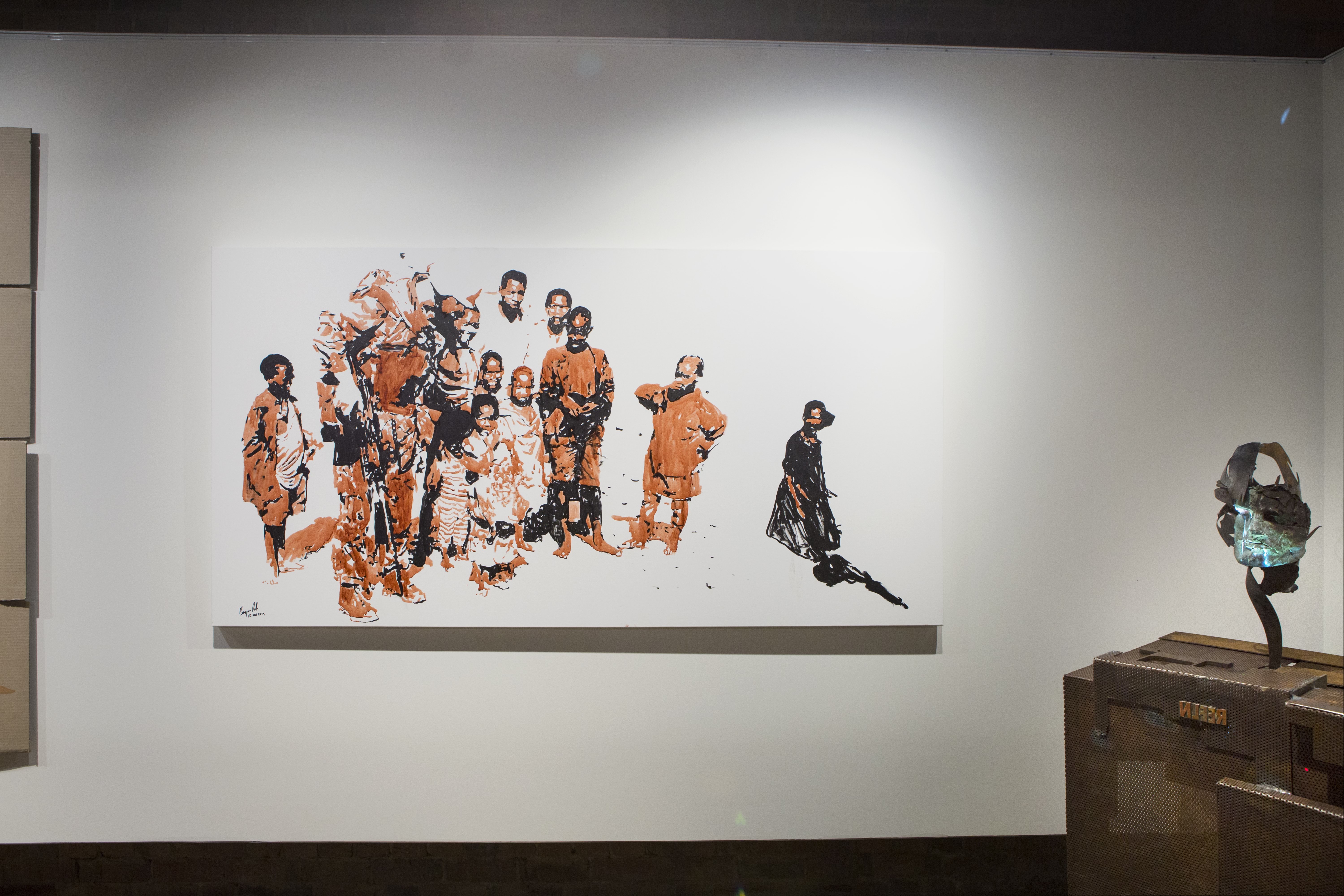 A painting showing a soldier in Rwanda surrounded by people in a refugee camp