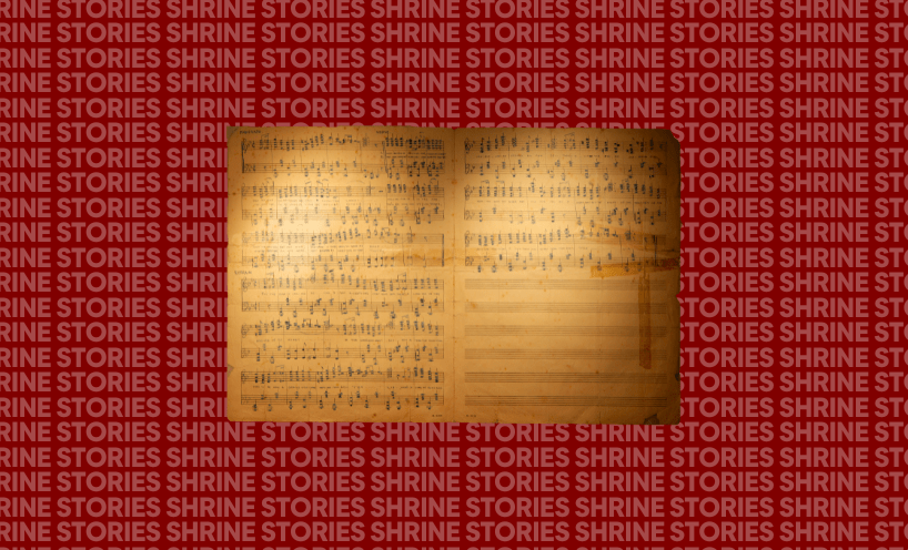 Shrine Stories: The Sheet Music The sheet music for the song, Dream of Australia, which is faded and tattered. It is sitting against a red background that has the words 'Shrine Stories' repeated on it.
