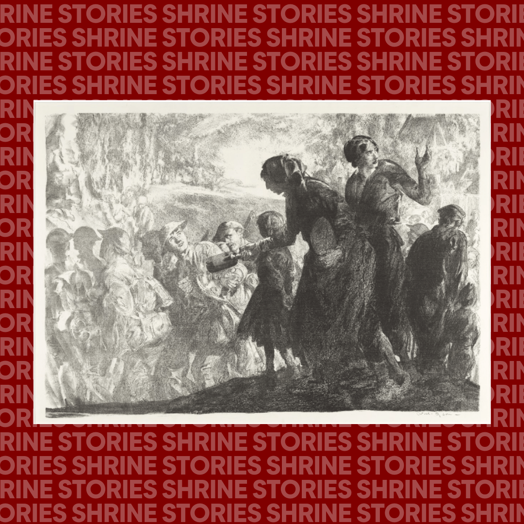 Shrine Stories: The Dyson An image of Will Dyson's 'Welcome Back to the Somme' on a red background where 'Shrine Stories' is repeated. The image is black and white and depicts a woman handing a bottle of wine to an Australian soldier. The soldier is one in a long line of soldiers marching away from the women. Next to the woman is another woman beckoning to people out of the frame, as well as an old man and a young boy.