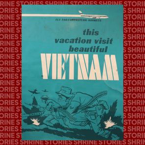 An image of a Vietnam era poster. The poster is teal and at the bottom, their are Australian soldiers holding guns and ammunition and running through a field. At the top, there is a plane with the words 'Fly far-fareastern airways'. In the centre of the poster is the phrase 'This vacation visit beautiful Vietnam'. 