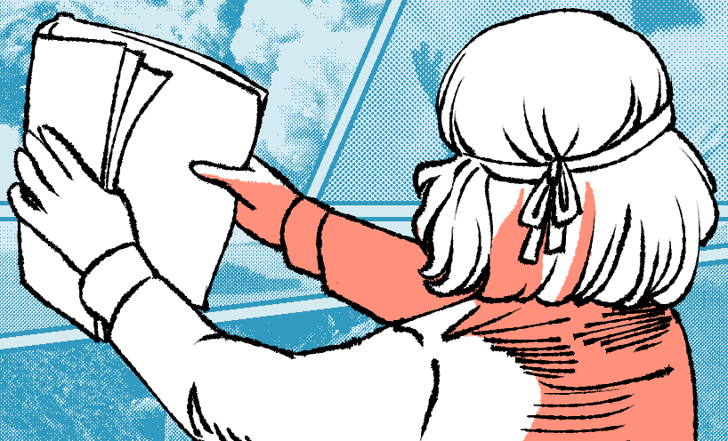 A drawing of a girl holding a comic book. She is shaded in read and facing away so you can only see the back of her heard. In the background, there is a collage of images from war showing planes and explosions.