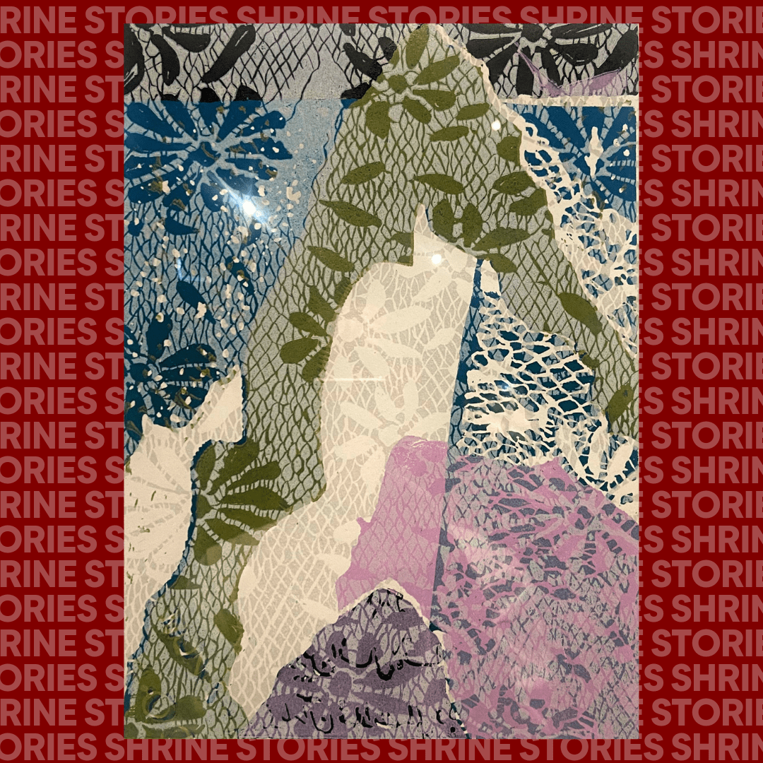 An artwork by Kat Rae. The artwork is a reduction linoprint depicting abstract Afghanistan mountains. They were pink, purple, blue, white and green, and a lace floral overlay covers them.