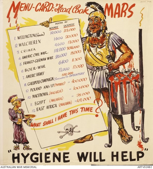 A wartime poster shows a cartoon figure of the Roman god Mars, labeled “Head Cook,” stirring a large black cauldron filled with blood and severed limbs. He wears a crested helmet, sandals, and Roman-style armour. To his left, a small boy dressed as Oliver Twist holds a bowl and gestures toward a menu board listing wars alongside death tolls from wounds and sickness. A skull and crossbones is printed at the bottom of the poster. The caption reads: “Hygiene Will Help.”