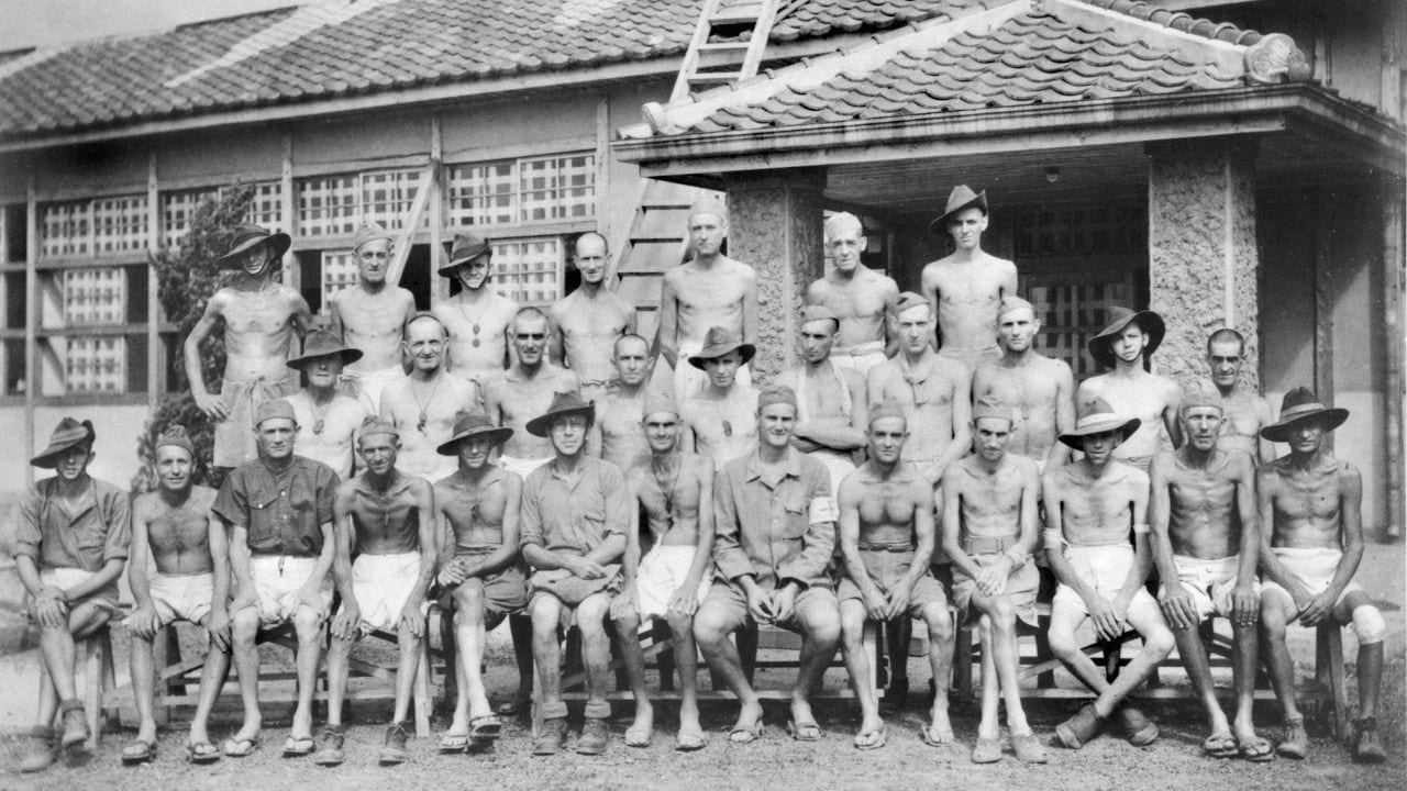 Australian prisoners of war at their liberated camp in Johore, 1945