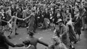 Members of the crowd dancing in Bourke Street during VP Day 1945 celebrations in Melbourne