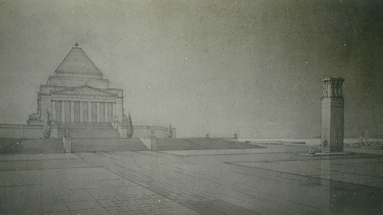 Architectural plans showing the perspective view from Ernest Milston’s entry in the war memorial competition.