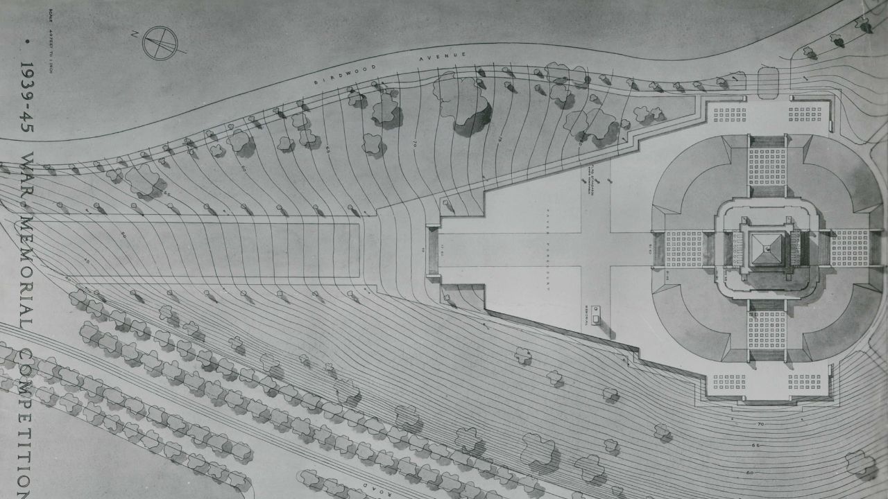 Birds eye view plan of Ernest Milston's entry for the architectural competition of 1949 for the Shrine of Remembrance’s Second World War Memorial. Papers of Ernest Milston, 1976.0025 Unit 10. Reproduced courtesy of University of Melbourne Archives. Birds eye view plan of Ernest Milston's entry for the architectural competition of 1949 for the Shrine of Remembrance’s Second World War Memorial.