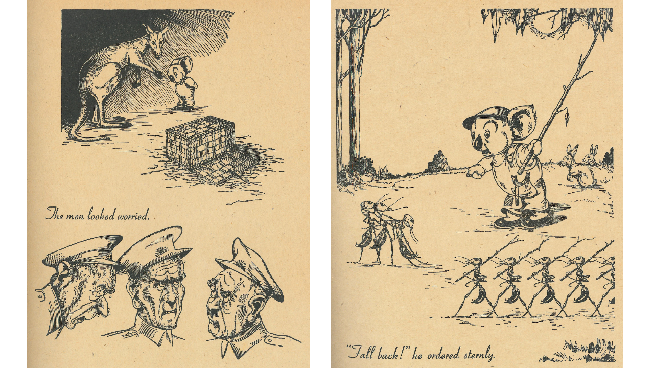 Hand drawn sketches of animals and service people from Blinky Bill Joins the Army