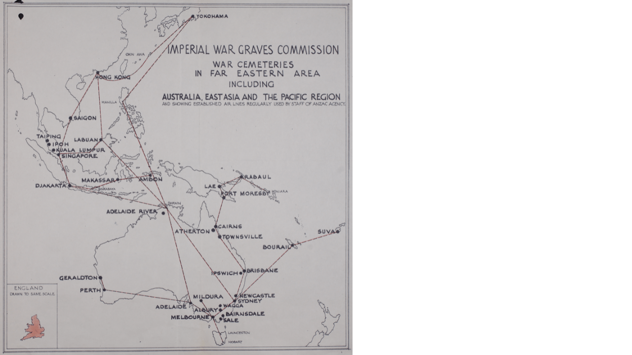 A map showing the various CWGC cemeteries in the Pacific and the air routes.