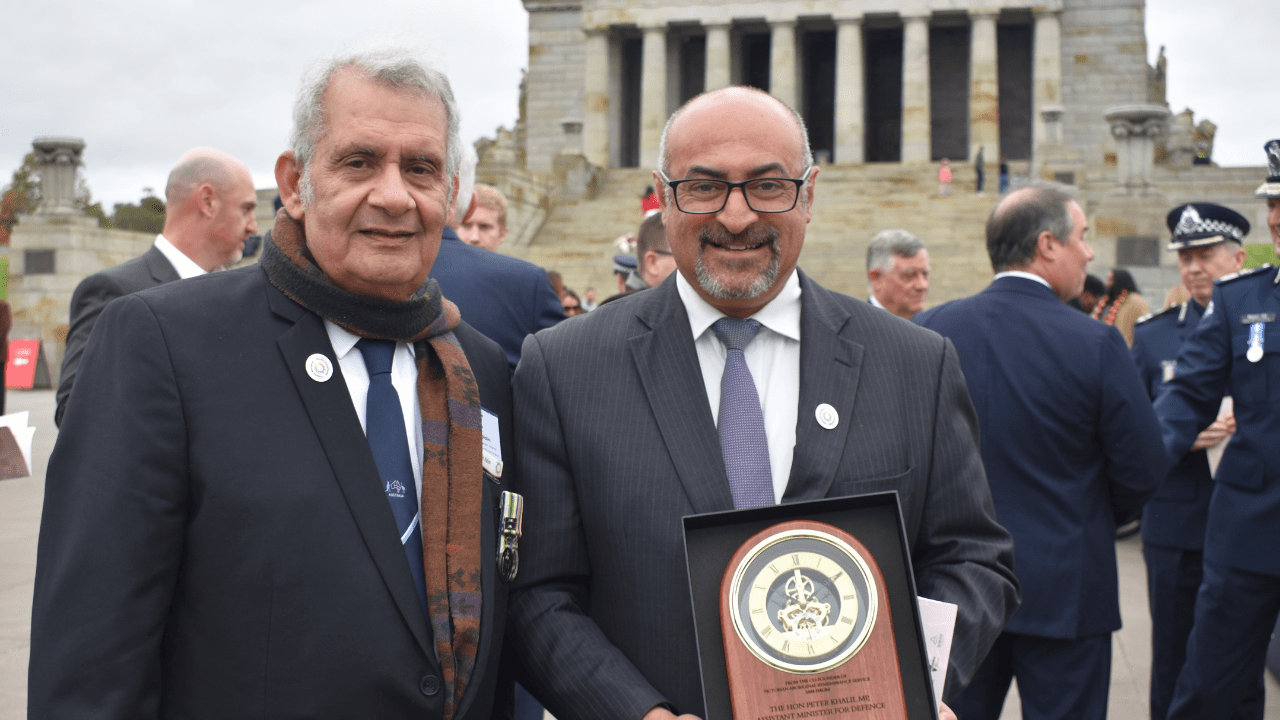 Assistant Minister for Defence Peter Khalil MP with VARS co-founder Sam Halim at the Victorian Aboriginal Remembrance Service, 2025