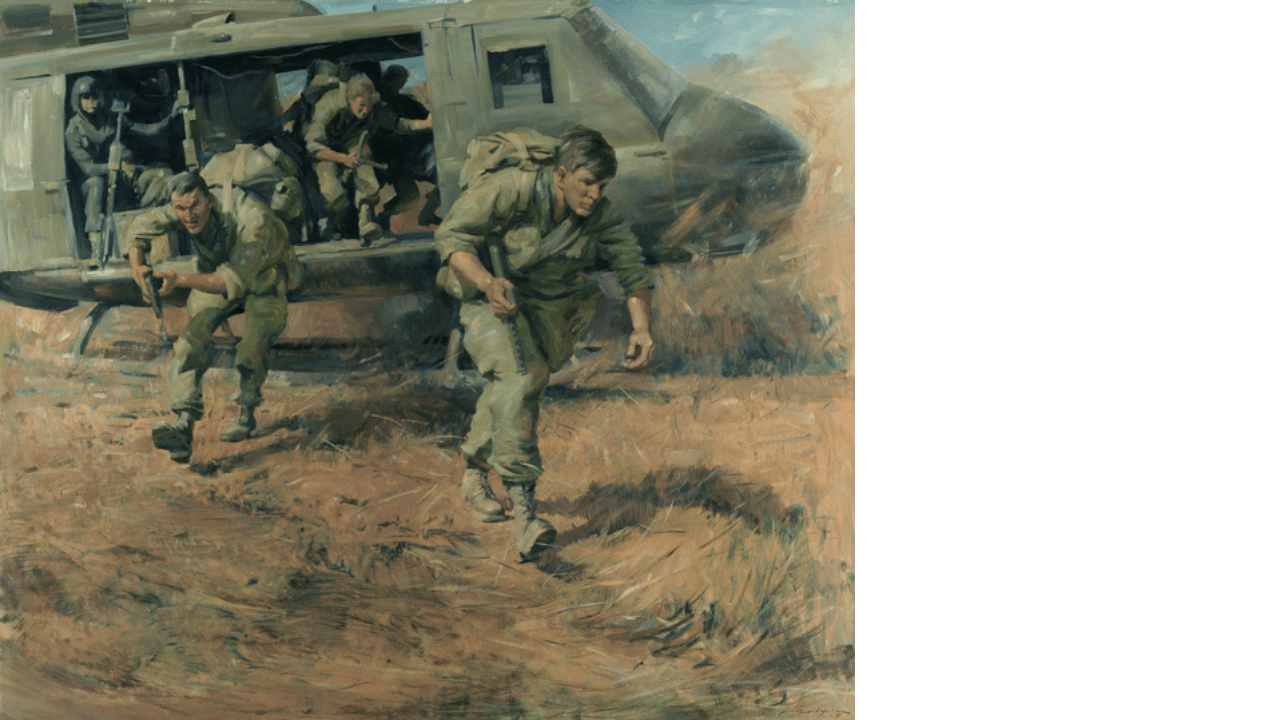 Painting by Ken McFadyen showing Australian soldiers disembarking from a UH-1H Iroquois helicopter flown by 9 Squadron RAAF in Vietnam