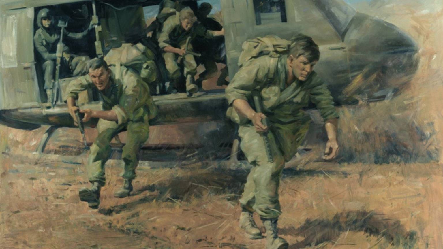 Painting by Ken McFadyen showing Australian soldiers disembarking from a UH-1H Iroquois helicopter flown by 9 Squadron RAAF in Vietnam
