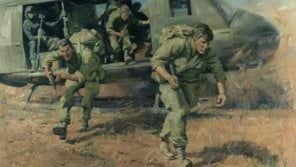 Painting by Ken McFadyen showing Australian soldiers disembarking from a UH-1H Iroquois helicopter flown by 9 Squadron RAAF in Vietnam