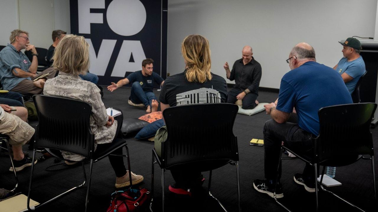 Steve Cotterill running a poetry workshop at the Shrine of Remembrance during FOVA25.