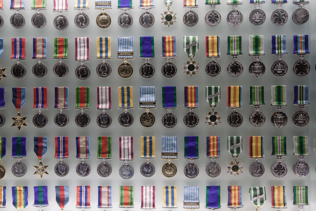 Wall of military medals