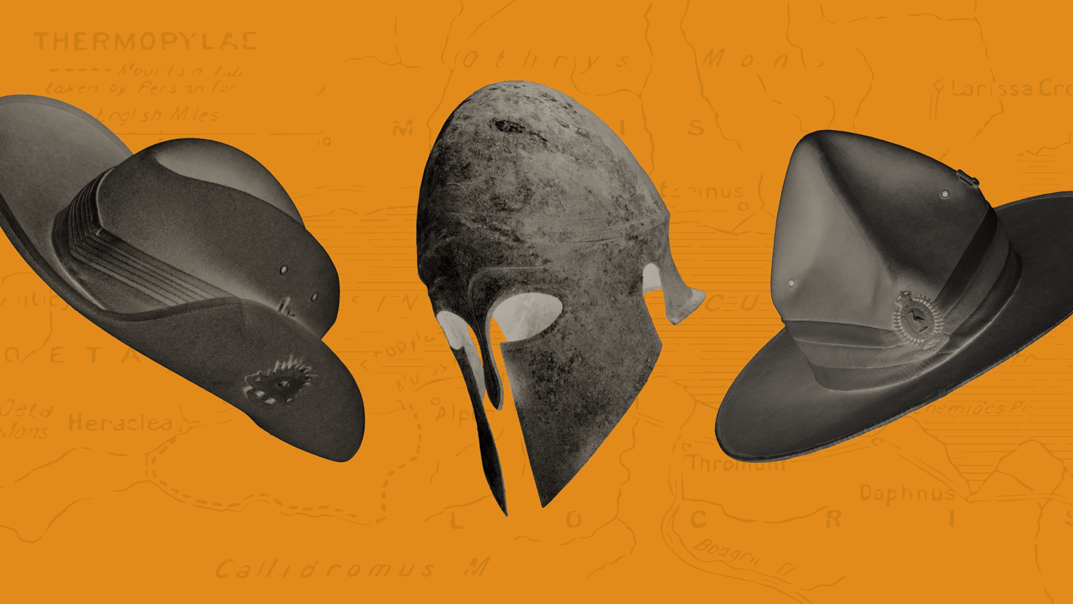 ANZAC hats and a Spartan helmut float on an orange background featuring a map of Thermopylae