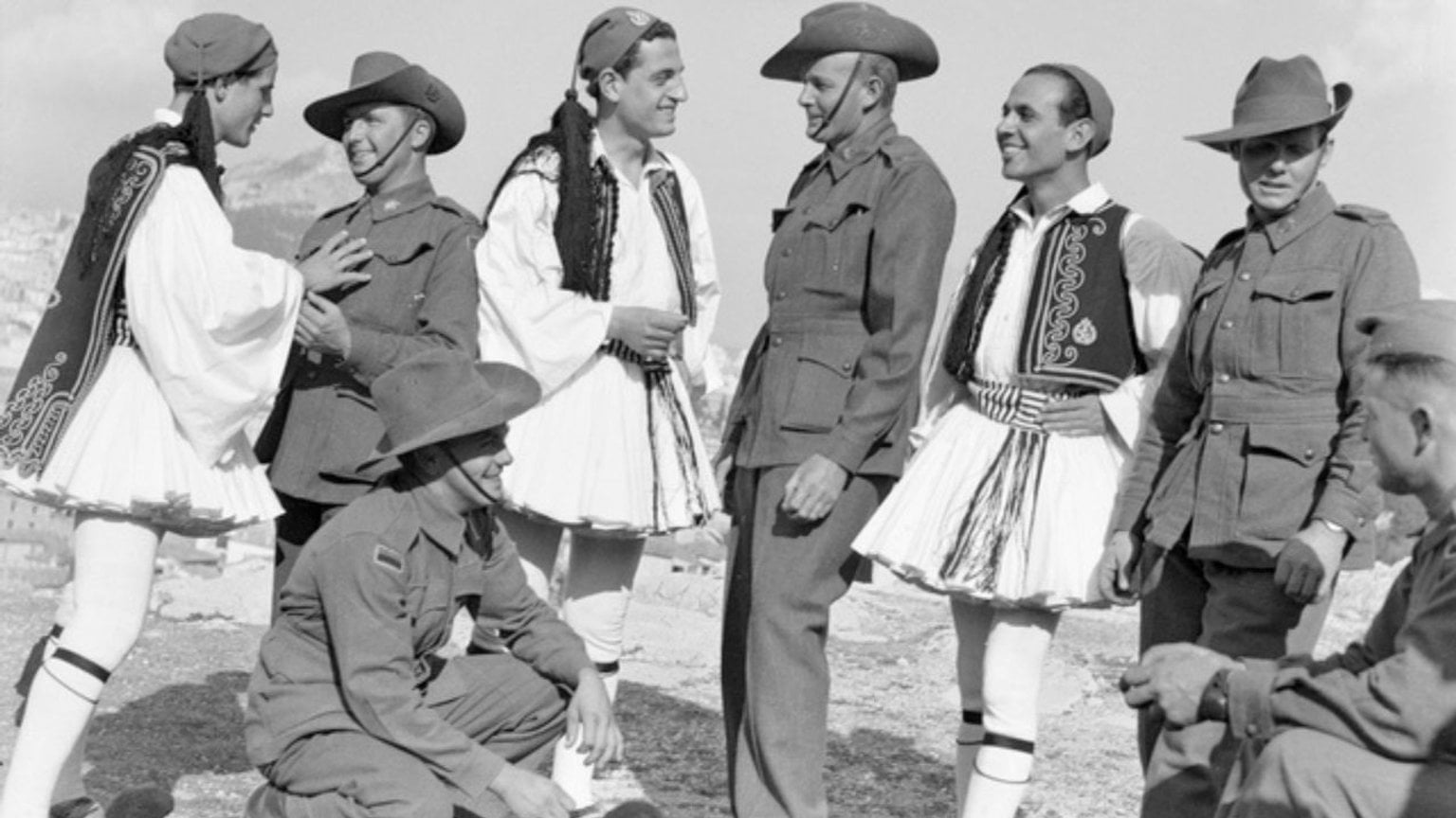 Australian and with Greek Evzones in traditional dress 25 March 1941