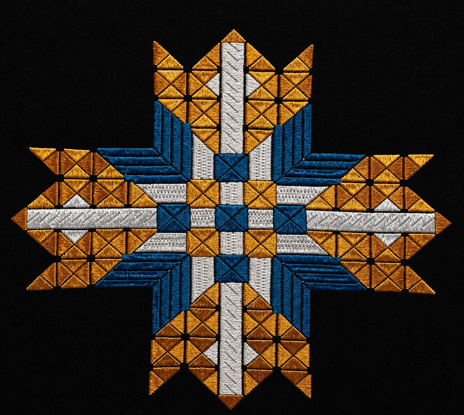 A gold, blue and silver embroidery in the shape of a cross on a black background.