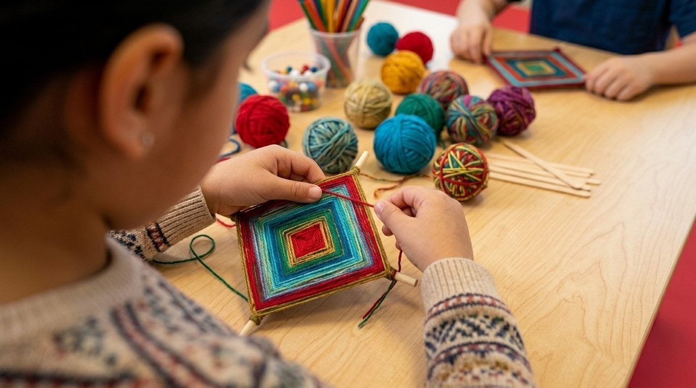 A child works on a colourful embroidery