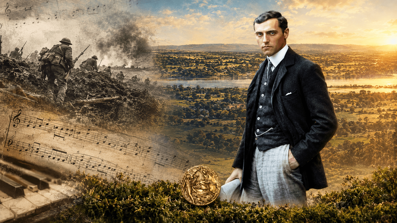 Sep Kelly pictured with a backdrop of landscape, music and warfare